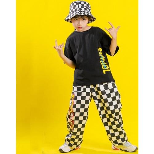 Kids Hip Hop Clothes For Girls Boys Loosed Tops T Shirt White Black Plaid Pants Jazz Street Dance Carnival Costumes Drum Outfits