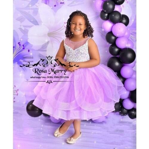 Purple Tea Length Pageant Flower Girls Dresses Princess Ball Gown Vintage Lace Cute First Communion Birthday Party Gowns For Kid