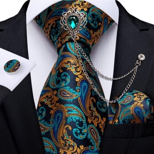 Teal Green Gold Paisley Mens Tie Set Business Necktie Handkerchief Cufflinks 8cm Width 150cm Wedding Tie Dropshipping DiBanGu