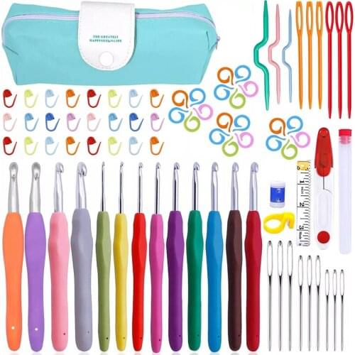 Imzay 77PCS Ergonomic Handle Crochet Hooks Set With Knitting Needles, Large Eye Blunt Needles, Plastic Stitch Markers