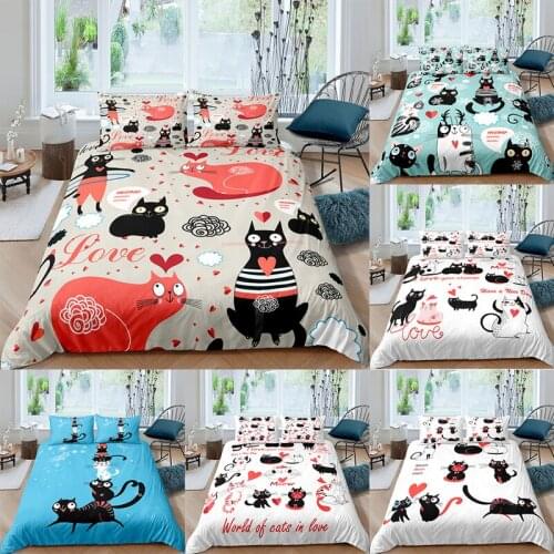 Cats Bedding Set Cute Duvet Cover Cartoon Bedclothes Blue White Home Textiles Bedspread Queen King Size Gift For Kids Boys Girls