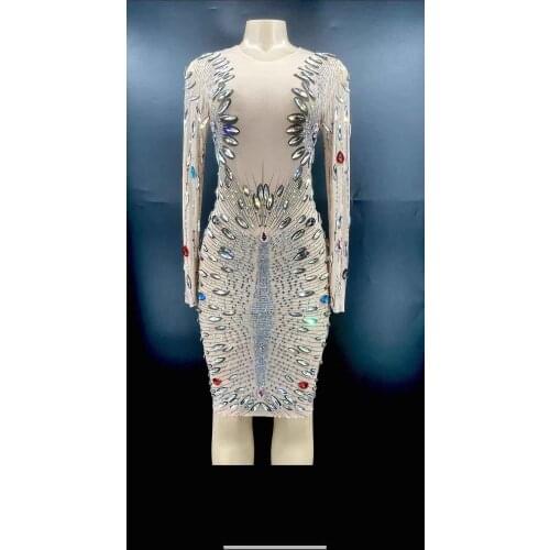 Sparkly Crystals See Through Short Dress Prom Party Evening Outfit Birthday Dress Celebrate Wear Rhinestone Dress for Stage Wear