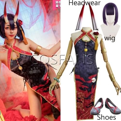Game FGO Shuten douji Cosplay Costume Women Sexy Cheongsam Dress Halloween Carnival Uniforms Cosplay men Wig shoes and headwear