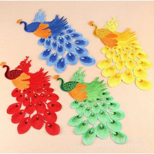 Colorful Peacock Embroidery Fabric Large Applique Patch African Lace Sew Dress Cloth Decorate Accessory DIY