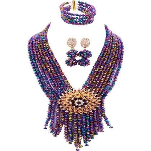 Multicolor Plated Nigerian Wedding African Jewelry Set Crystal Beaded Necklace Bracelet Earrings Sets for Women 8SK05