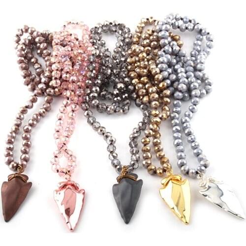Fashion Bohemian Tribal Jewelry Glass Crystal long Knotted Hematite Stone Arrowhead Pendant Necklace