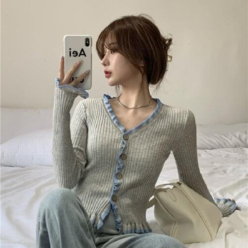 Fashion Ear Edge Contrast Knitted Cardigan Womens 2021 Korean Slim with Long Sleeve V-neck Elastic Crop Tops Streetwear