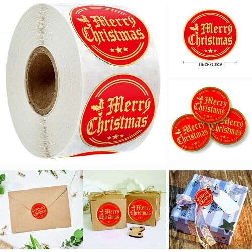 Red & White Merry Christmas Stickers 500pcs Christmas Tags Decorative Sticker For Wrapping Gift Box Package Label Card Bag 1inch