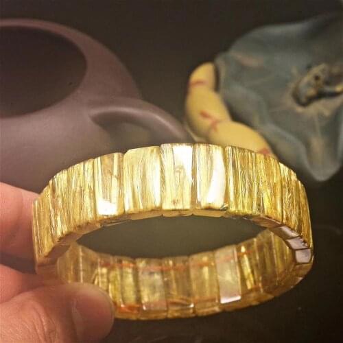 Natural Gold Rutilated Titanium Quartz Bangle 17.5*6mm Bracelet Crystal Woman Men Wealthy Stone Clear Rectangle Beads AAAAAA