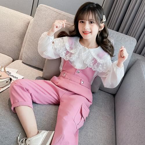 Kids Clothing Autumn Spring Children Clothes Fashion White Tops+Overalls Pants 2pcs Tracksuit Kids Outfit