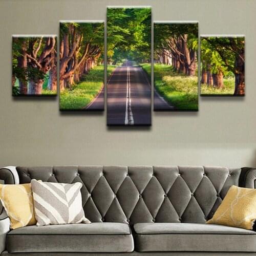 Printed Painting ChildrenS Room Decor Poster Wall Art Modular Framework 5 Panel Grass Road Scenery Tree Pictures Canvas
