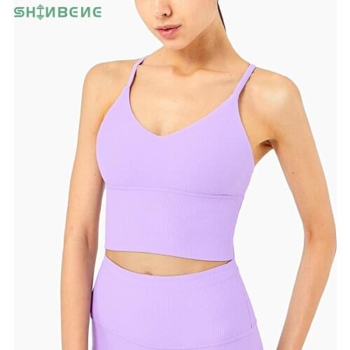 SHINBENE RIBBED Sexy V-Neck Fitness Gym Athletic Crop Top Bra Women Naked Feel Sweat-wicking Padded Workout Yoga Sport Bras Top