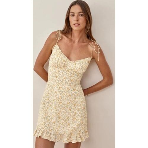 Floarl Spaghetti Strap Dress Women Sexy V-neck Backless Elastic Waist Slim A-line Ruffles Bohemian Mini Dress For Summer Holiday