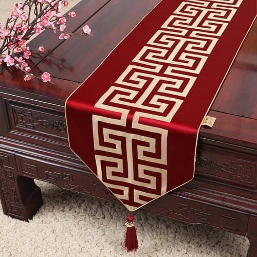 Luxury Jacquard Geometric Chinese Silk Table Runner Christmas Wedding Table Mat Decoration Dinner Party Coffee Table Cloth