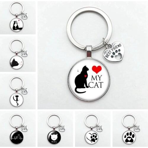Love Cat Pet Footprints Dogs Glass Cabochon Keychain Bag Car Key Chain Ring Holder Charms Silver Keychains for Men Women Gifts