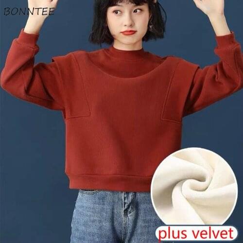 Hoodies Women Crew Neck Solid Popular Cute Loose Fall Harajuku Sweatshirts Long Sleeve Thicker Simple Crop All-match Stylish BF