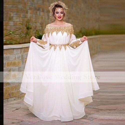 Robe De Mariee Traditional Kosovo Caftan White Prom Dress 2021 Off Shoulder Long Sleeves Lace Appliques Evening Party Wear