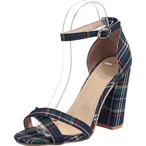 High-heeled shoes New plaid cloth upper single shoe button sandals comfortable non-slip thick heels high-heeled shoes large size
