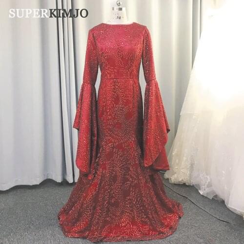 SuperKimJo Burgundy Evening Dresses Vestidos De Fiesta De Noche 2020 Flare Sleeve Elegant Sparkle Evening Gown Robe De Soiree