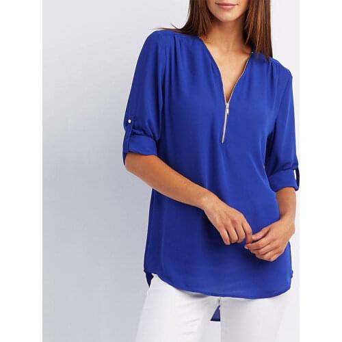 Vintage Blouse Female Lady Autumn Fashion Shirt Casual Office Lady Sexy Solid Color Zipper V Neck Half Sleeve Shirt Loose Blous