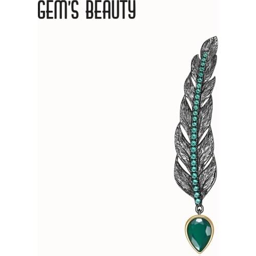 GEMS BEAUTY 925 Sterling Silver Feather Brooches 2021 Style Natural Pear Cut Green Agate Handmade Unisex Brooches on Clothes