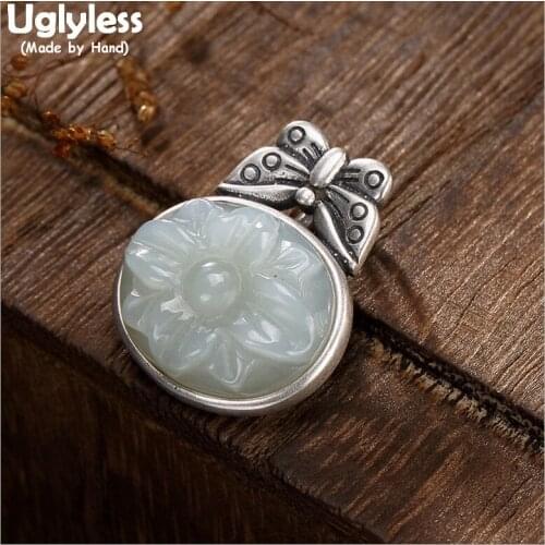Uglyless Real Solid 925 Sterling Silver Natural Jade Flower Pendants for Women Handmade Thai Silver Butterfly Necklaces NO Chain
