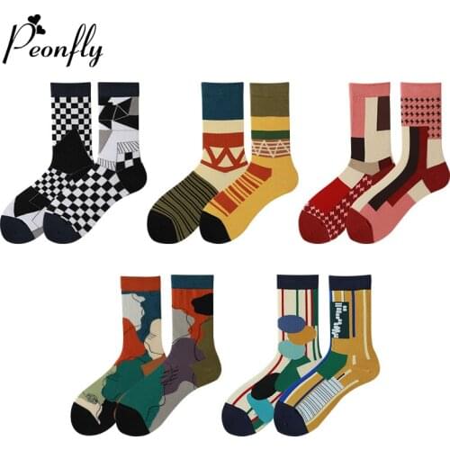 PEONFLY Womens Skateboard Socks Creative Abstract Art Pattern Harajuku Calcetines Hip Hop Tide Socks Colorful Happy Funny Socks