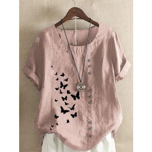 Womens New Summer Fashion Casual Linen Shirt Round Neck Printing T-shirt Short Sleeve Tops Loose Blouse S-5XL