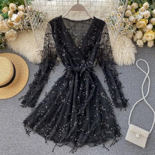 Slim V Neck sexy 2021 Spring sequined short bandage Dress autumn night Party dress vestido de festa Women club a-line dresses