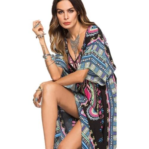 2022 Elegant Long Dresses Ladies V-Neck Batwing Sleeved Loose Floral Printed Female Vintage Beach Robe Vestidos AD513