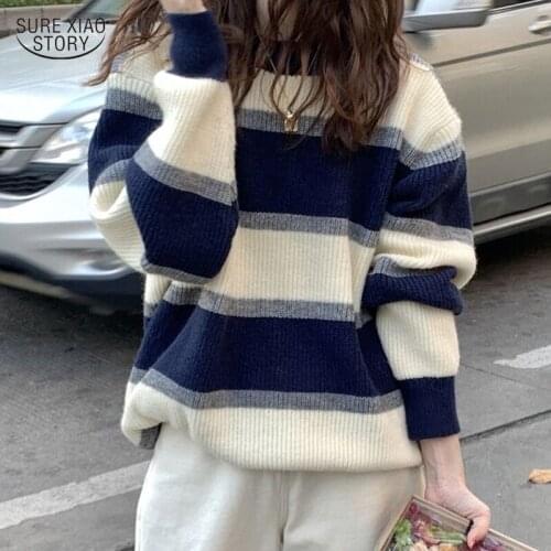 Winter 2021 O-neck Long-sleeve Knitted Top Autumn Casual Stitch Stripe Pullover All-match Loose Patchwork Sweater Pullover 17348