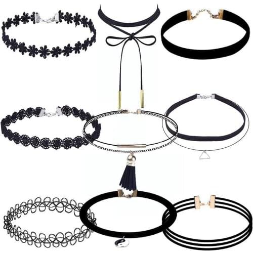 9 Pcs Women Chokers Necklaces Black Velvet Stretch Tattoo Choker Necklace Set For Girls