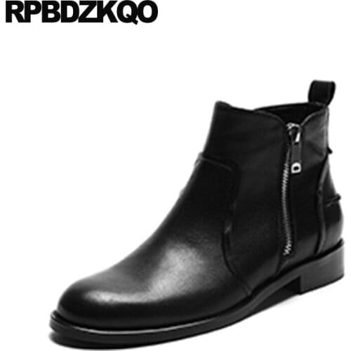 Black Genuine Leather Ankle Boots Luxury Brand Shoes Women Booties Fur Military British Plus Size Combat Round Toe Big 10 12 44