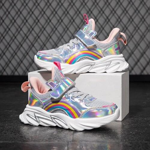 Childrens Outdoor Leisure Sports Shoes Breathable Mesh Trend Fashion Rainbow Girls Cute Shoes Silver Luminous Kids Boys Sneaker