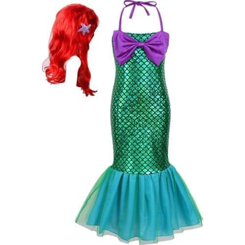 Kids Girls Mermaid Cosplay Party Dress Glossy Fish Scales Mermaid Dress Halloween Dress Up Cosplay with Hair Wigs for Carnival