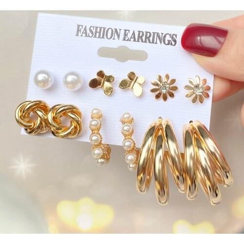 EN Bohemian Gold Color Butterfly Stud Earrings Set For Women Fashion Pearl Circle Earrings 2021 Trend Set of Earrings Jewelry