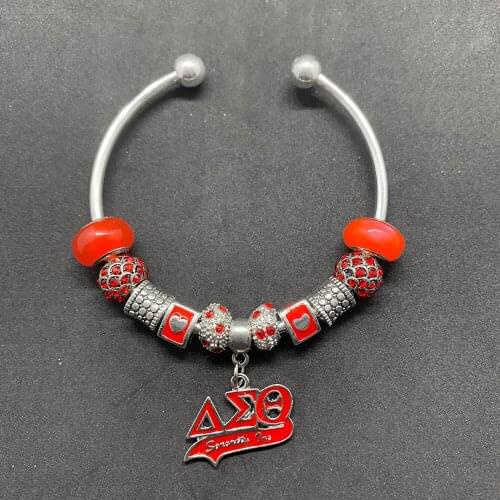 Hot university Greek letter society red DELTA sorority jewelry badge pendant big hole rhinestone metal bead bracelet wire bangle