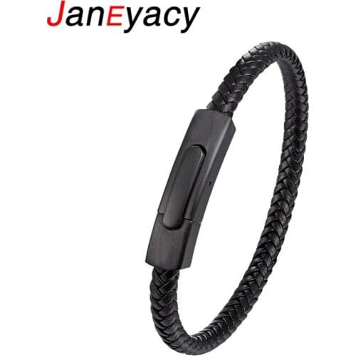 Janeyacy New Creative Stainless Steel Leather Bracelet Women Pulseira Two-tone Style Bracelet Simple Buckle Bracelet Men Pulsera