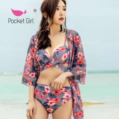 Pocket Girl 2021 Korea Style Bikini Women Print Swimsuit Cover Up Two-piece Tankini Short Sleeve Biquini Push Up Bathing Suit