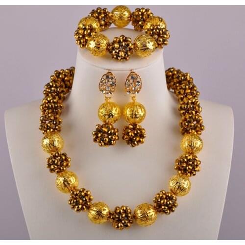 Beautiful nigerian beads costume necklace crystal ball bead gold plated african jewelry set 1-6JSQ-02