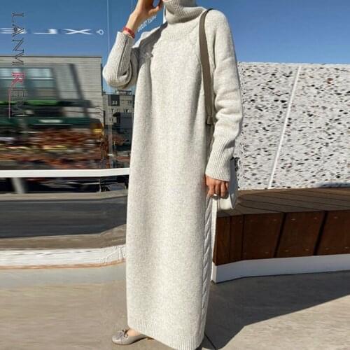 LANMREM 2021 Autumn New High Neck Knitted Dress Women Long Sleeve Loose Pullover Sweater Female Fashion 2W708