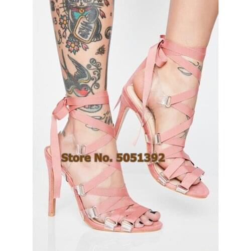 High Heel Summer Open Toe Stilettos Transparent PVC Lace-up straps Womens Shoes Sweet Sexy cross tied Sandals Fashion Big Size