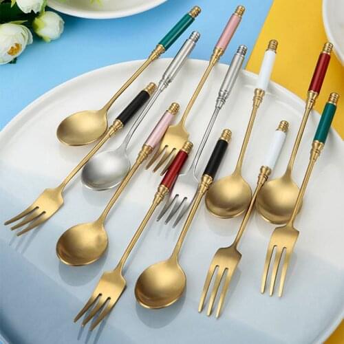 Stainless Steel Retro Spoon Forks Tableware Palace Style Cylindrical Handle Matte Drawing Process Coffee Spoon