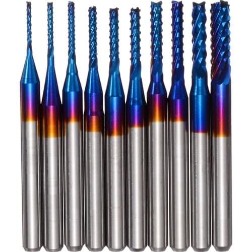 10pcs 1/8" Shank End Mill Router Bits Set Nano Blue Coated CNC Router Bits Carbide Steel Cutting Milling Cutter
