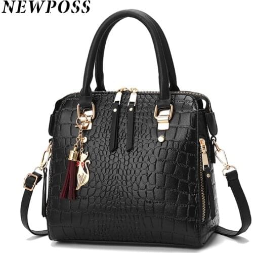 Newposs Fashion Crocodile Pattern Handbag Women 2021 New PU Leather Tassel Shoulder Bag Luxury Design Handle Bag Lady Purse sac