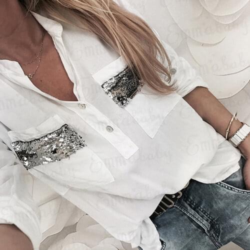 2021 Spring New Women Long Sleeve White Sequins Blouse Shirts Casual Office Shirts Blusas