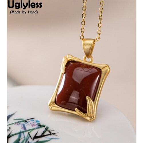 Uglyless Square Natural Agate Necklaces for Women Bamboo Leaves Pendants + Chains 925 Silver Square Fashion Jewelry Gold Bijoux