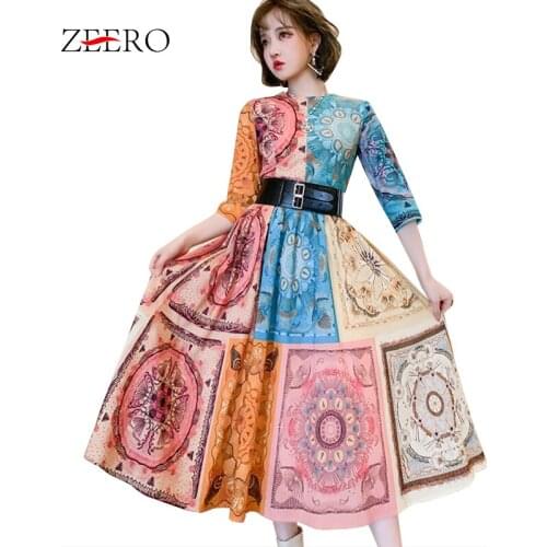 Ruanway Summer Print O Neck Woman Dress Female Slim Three Quarter Sleeve Vintage Maxi Party Dresses Women Big Swing Long Dress