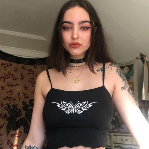 Gothic Print Butterfly Camis Top Women Dark Series Punk Style Abstract Pattern Elastic Tank Top Cotton Short Cloth Ropa De Mujer
