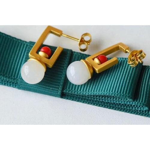 High-Grade French Earrings Womens Hetian Jade White Jade round Beads Stud Earrings Ancient Gold Craft Sterling Silver Earrings
